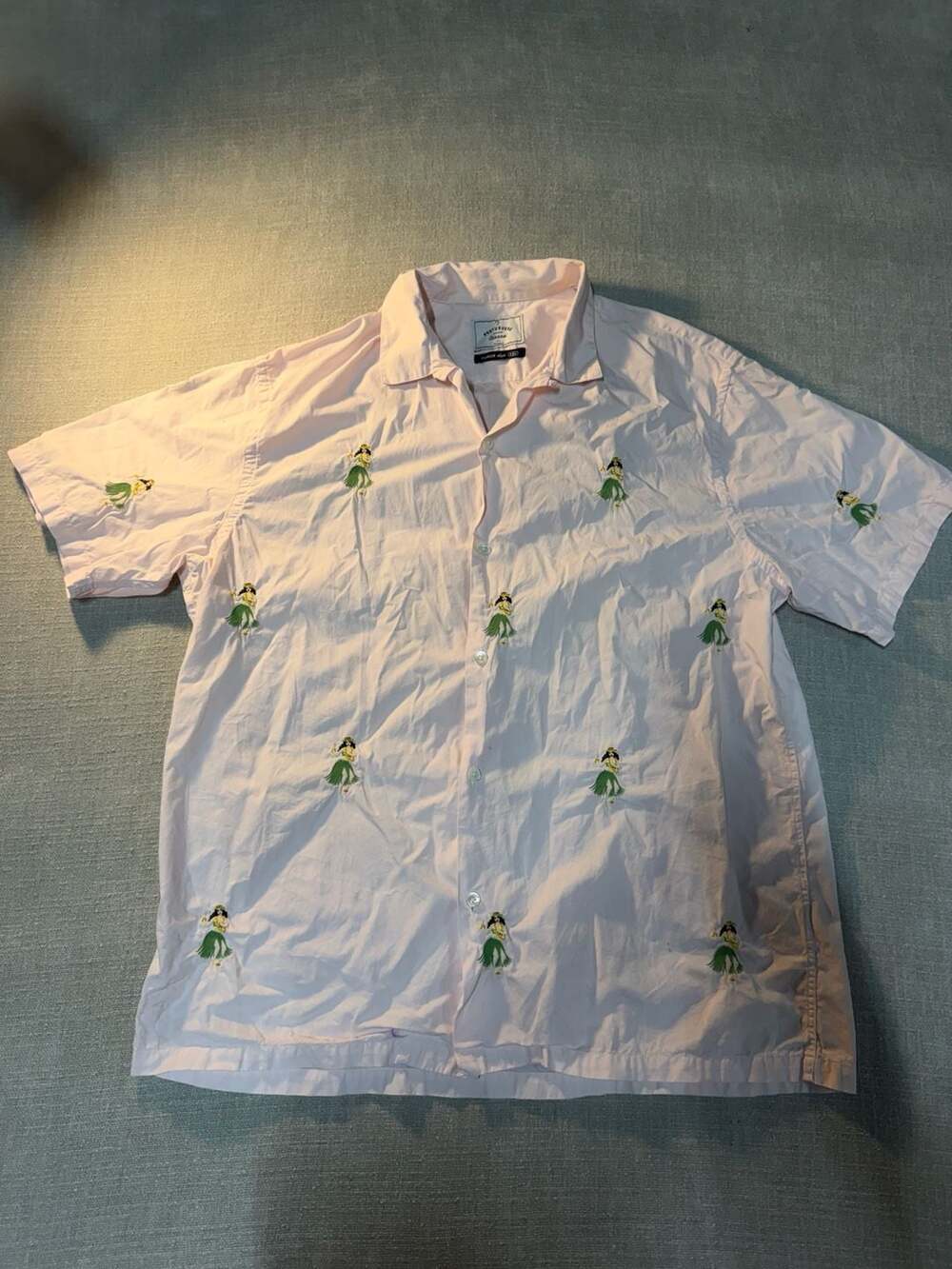 Portuguese Flannel Pioneer Style Light Pink Embroidered Hula Girl Short Sleeve S